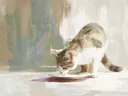 Schilderij van een kat die drinkt uit een schoteltje.