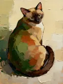 Schilderij: kat in groen en terracotta