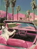 Witte kat in roze cabriolet bij palmbomen