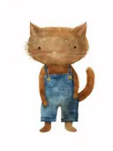Schilderij van een kat gekleed in een blauwe spijkerbroek tuinbroek