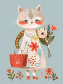 Illustratie van een aangeklede kat met bloemenmand, kinderkamer schilderij