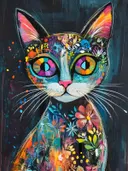 Kat met kleurrijke regenboogogen en bloemenpatronen op donkere achtergrond