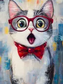 Verraste zwart-witte kat met rode bril en rood strikje