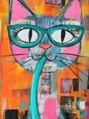 Grijze kat met een turquoise bril op een oranje achtergrond