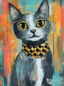 Schilderij van een grijs-witte kat met een geel-zwart geblokte bandana en gele ogen tegen een oranje-turquoise achtergrond