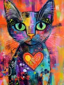 Kleurrijke kat met een oranje hart op de borst tegen een roze-oranje achtergrond