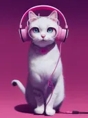 Witte kat met roze koptelefoon