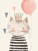 Schilderij van een kat met kroon, gestreept truitje en roze ballon