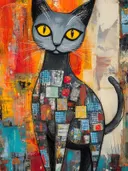 Schilderij van een grijs-zwarte kat met een mozaïek patroon van gekleurde vlakjes op het lichaam en gele ogen