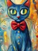 Schilderij van een blauwe kat met een rood strikje en blauw vest met gouden knopen tegen een swirlend geel-blauwe achtergrond
