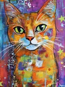 Kat met sterrenhemel achtergrond, popart schilderij