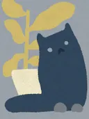 Illustratie van een blauwgrijze kat naast een gele kamerplant.
