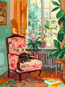 Kat op bloemenstoel schilderij, huiselijke interieurillustratie met kat