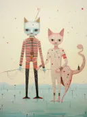 Surrealistische scène met twee antropomorfe kat-wezens in gestreepte en gestippelde pakken