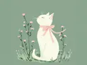 Illustratie van een wit katje met een roze strik om de nek tussen roze bloemen