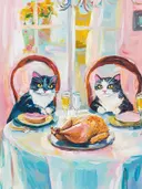 Schilderij van twee katten die aan een tafel zitten met een gebraden kip en champagneglazen.