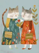 Twee geklede katten met tasjes en een bloemenboeket, illustratie