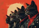 Illustratie van vier katten met zonnebril en leren jas tegen een rode achtergrond met een volle maan