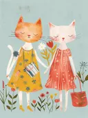 Illustratie van twee katten in jurkjes tussen bloemen, kinderkamer schilderij