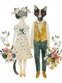 Schilderij van twee katten in kleding met bloemboeketten