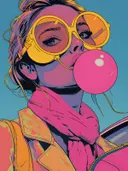Pop-art illustratie van een vrouw die een roze kauwgombel blaast