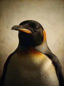 Studioportret van Keizerspinguïn van voren, tegen een geschilderd doek in creme