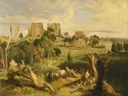 Kenilworth Castle, Warwickshire van James Ward: landschap met kasteel, ruine, weide en vee, in warm okergeel en groen