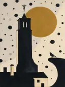 Schilderij van kerktoren boven de daken in zwart en gebroken wit, in vlakke kleurvlakken