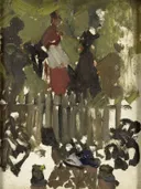 Kermis van George Hendrik Breitner: figuren met kermis, menigte, tent en feest, in donkergroen en rood