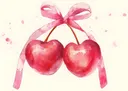 Aquarel illustratie van twee kersen met een roze strik