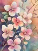 Aquarel van roze en witte bloesems tegen een kleurrijke wazige achtergrond
