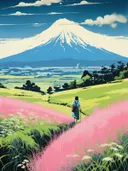 Illustratie van een meisje wandelend door een bloesemveld met de berg Fuji op de achtergrond