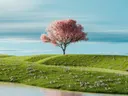 Een kersenbloesemboom op een groene heuvel bij water onder een pastelkleurige lucht.