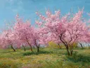 Schilderij van een boomgaard met bloeiende roze kersenbomen onder een blauwe hemel