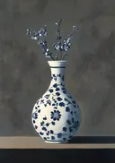 Schilderij van kersenbloesem in een blauw-witte porseleinen vaas