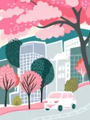 Illustratie van roze kersenbloesembomen in een stad met wolkenkrabbers en een auto.