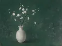 Schilderij van kersenbloesem in een bleke, ongeglazuurde steengoed vaas, oosterse stijl in dennengroen
