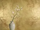 Schilderij van kersenbloesem in een bleke, ongeglazuurde steengoed vaas, oosterse stijl in goud en brons