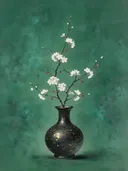 Schilderij van kersenbloesem in een donkere keramische vaas met gespikkeld goudglazuur, oosterse stijl in jade