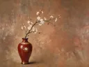 Schilderij van kersenbloesem in een glanzende oxblood-rode lakvaas, oosterse stijl in terracotta en brons