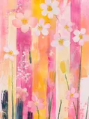 Witte en roze kersenbloesems op een gestreepte roze en gele achtergrond