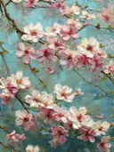 Schilderij van roze kersenbloesemtakken tegen een turquoise achtergrond
