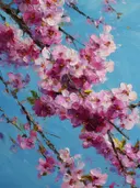 Schilderij van kersenbloesem tegen een blauwe lucht