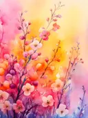 Roze en witte kersenbloesemtakken tegen een kleurrijke zonsondergang achtergrond