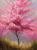 Schilderij van een kersenbloesemboom in een weiland