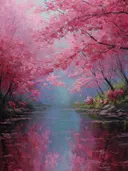 Schilderij van kersenbloesems aan een rivier