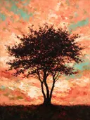 Schilderij: kersenboom silhouet in licht koraal