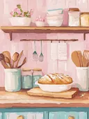 Schilderij van een brood in een schaal op een houten plank in een roze keuken met keukengerei.