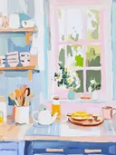 Schilderij van een keukenraam met een theepot en scones.