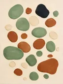 Kiezelstenen in de stijl Organic Geometry, in saliegroen, romige crème en terracotta, met een diepzwart accent